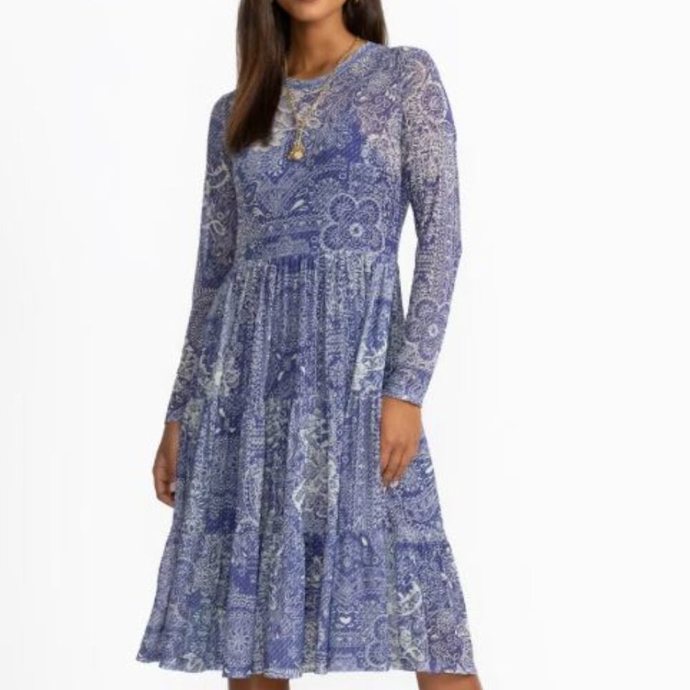 NWT Johnny Was Biya JWLA 3J Workshop Long Sleeve Dress Mesh Tiered with Slip